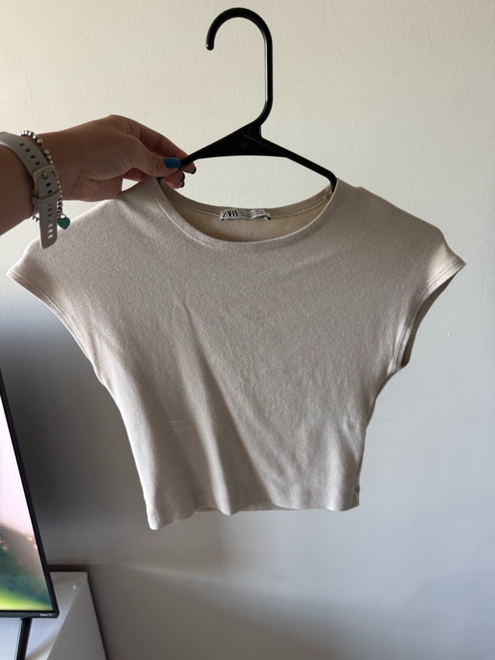 Zara Beige Short Sleeve Cropped Knit Top
